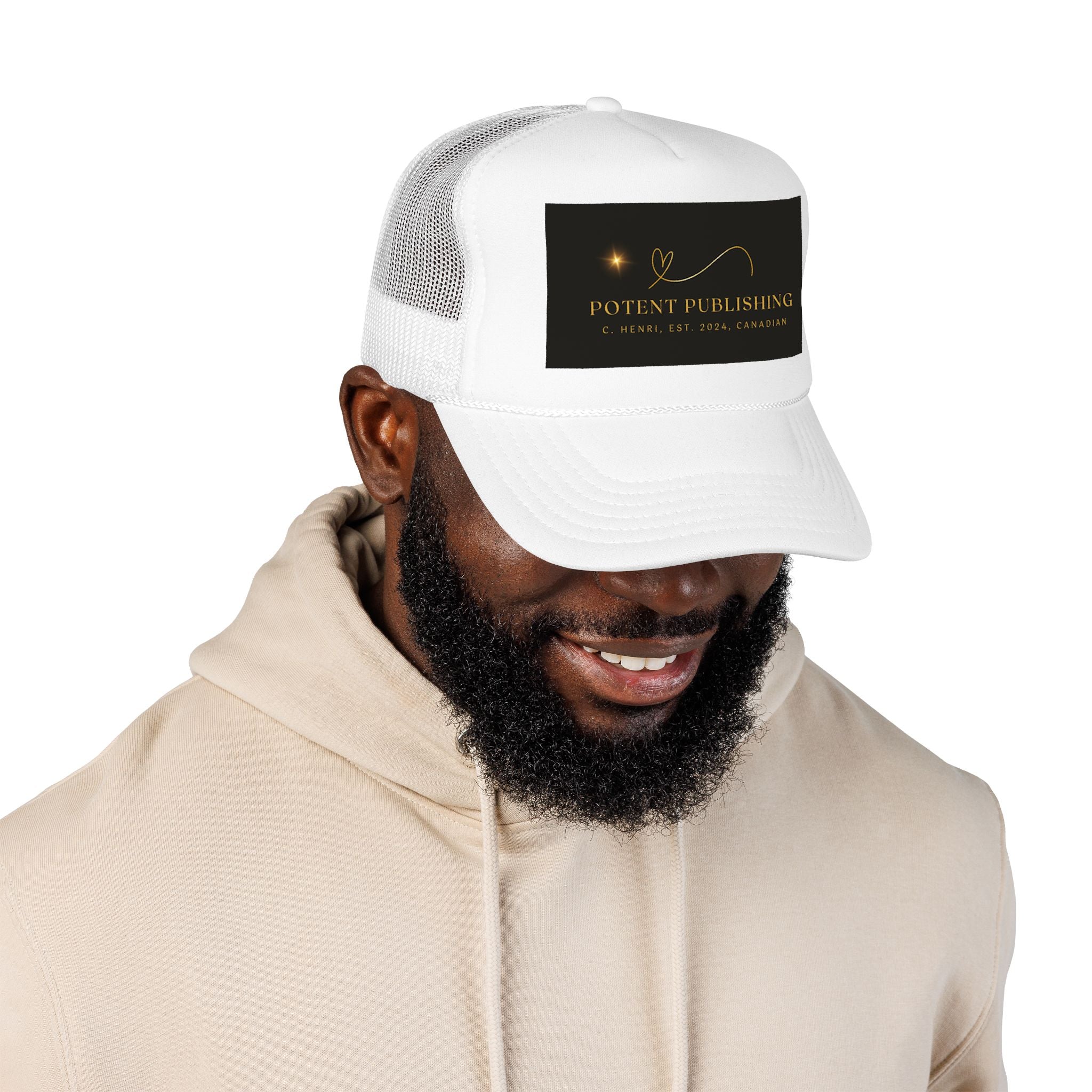Potent Publishing Foam Trucker Hat — Gold Logo Mesh Cap for Authors & Creatives