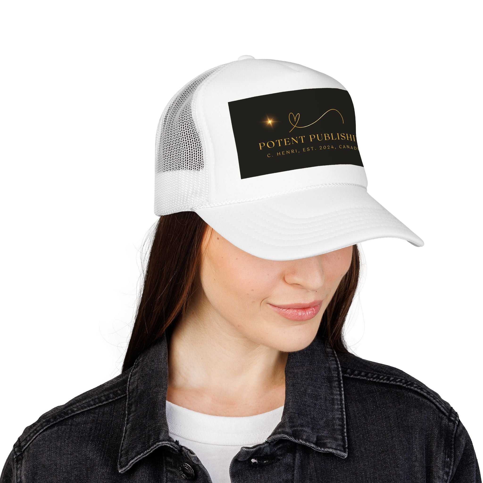 Potent Publishing Foam Trucker Hat — Gold Logo Mesh Cap for Authors & Creatives