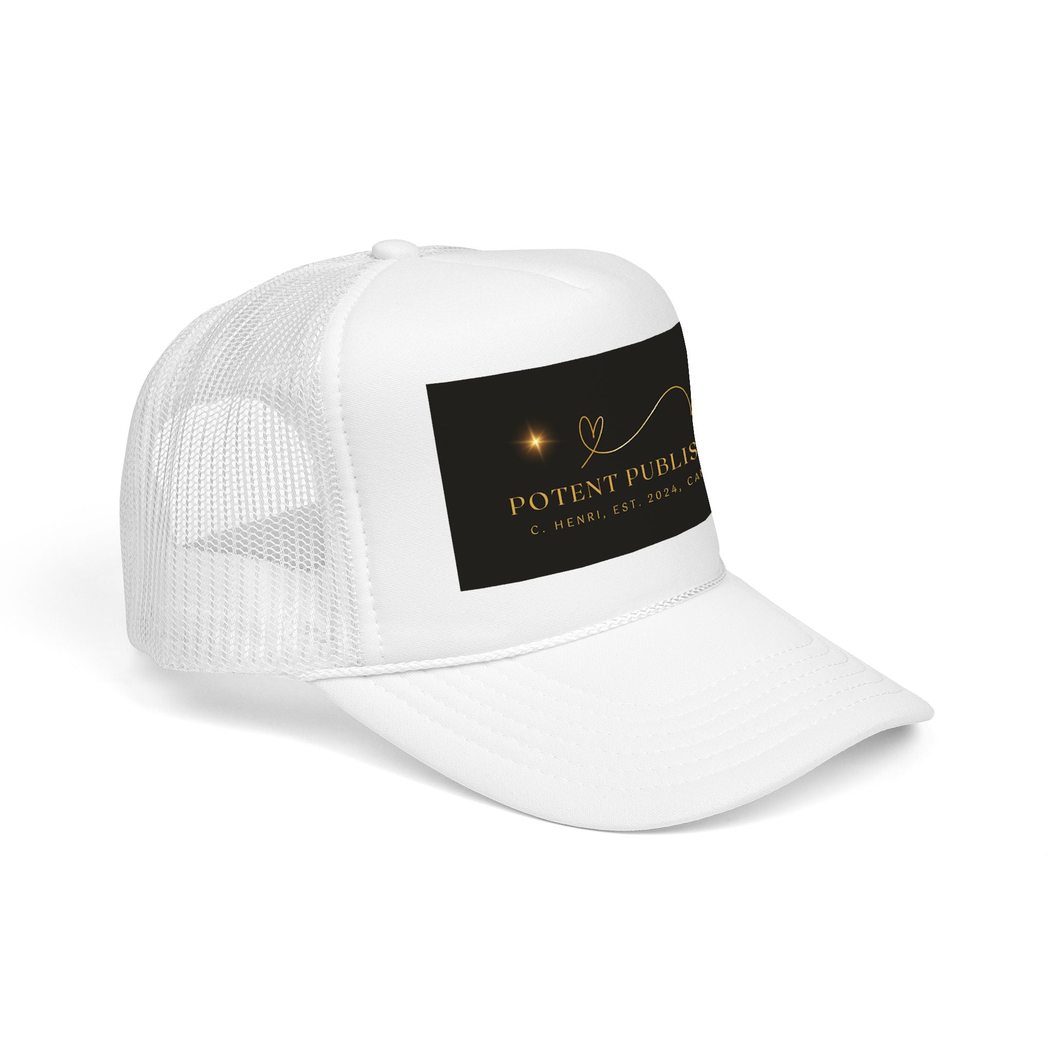 Potent Publishing Foam Trucker Hat — Gold Logo Mesh Cap for Authors & Creatives
