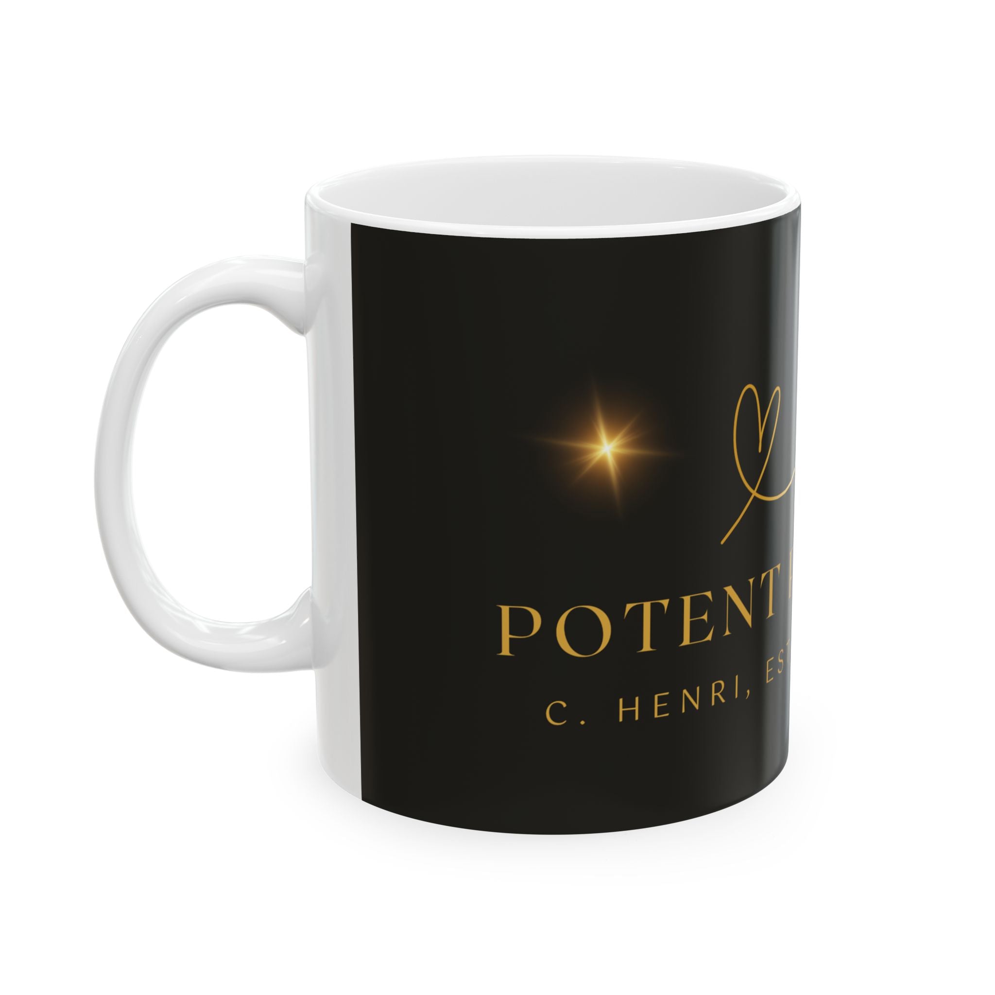 Gold Heart Logo Ceramic Mug — Elegant Black & Gold Coffee Cup (11oz, 15oz)