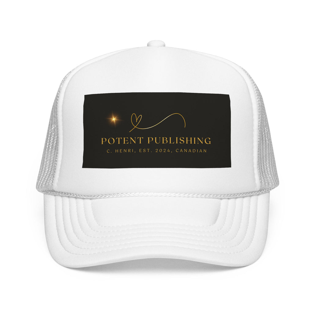 Potent Publishing Foam Trucker Hat — Gold Logo Mesh Cap for Authors & Creatives