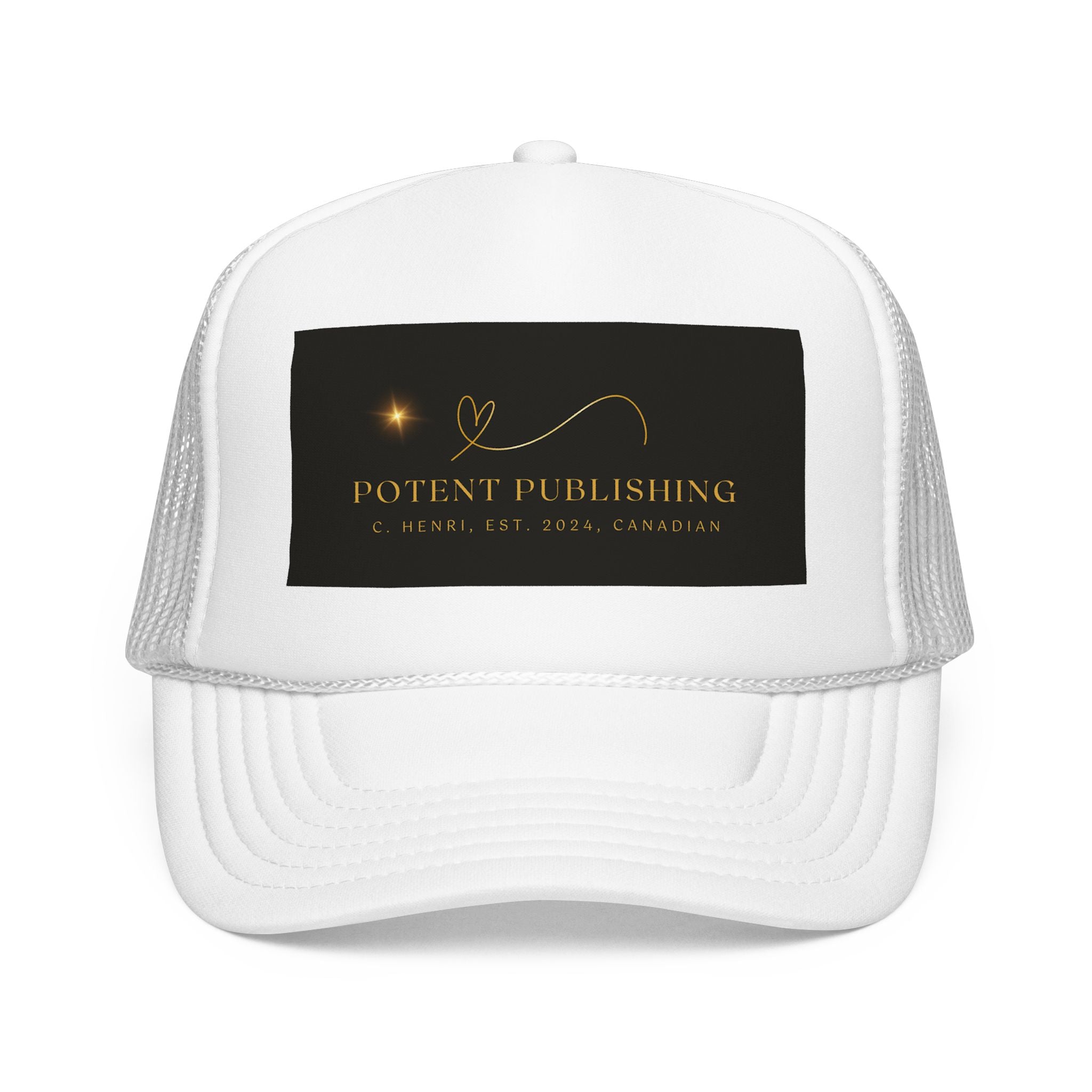 Potent Publishing Foam Trucker Hat — Gold Logo Mesh Cap for Authors & Creatives